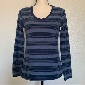 Indigo blue green white striped long sleeve shirt